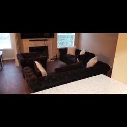 3 Piece Super Jet Black Velvet Furniture Set/ Sofa/Love Seat/Couches 