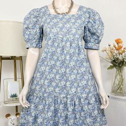 Vintage Blue Floral Puff Sleeve Dress