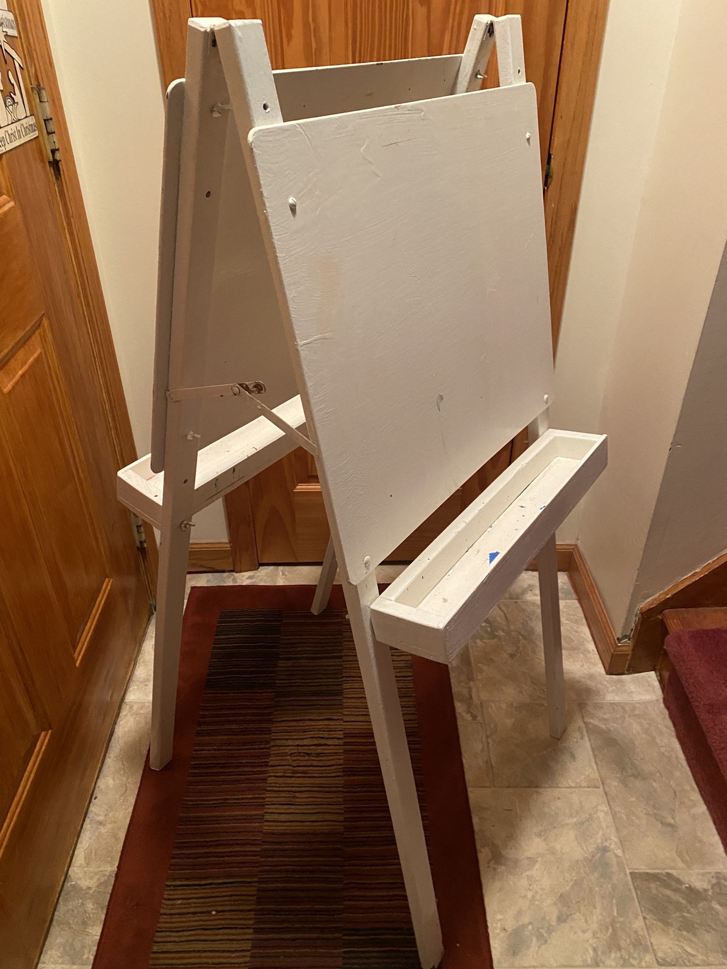 Vtg Solid Wood Painted White Double Sided Easel with Storage Trays 49” high by 22” wide