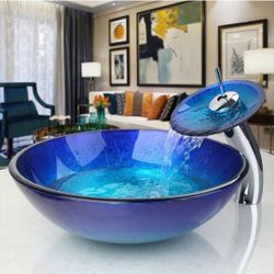 (Brand New in Box)  Blue Countertop Bathroom Vessel Sink with Waterfall Faucet, Vessel Sinks,Round Glass Vessel Sink Combo,Bathroom Sink Above Counter