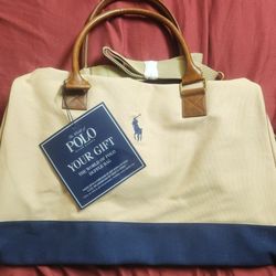 Vintage Polo Ralph Lauren Navy Blue Canvas Leather Large Duffle Travel Gym Bag