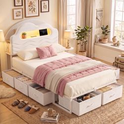 White Upholstered Platform Bed with Storage Drawers