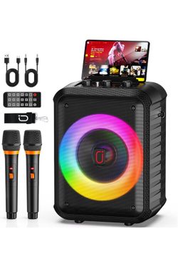  Karaoke Machine, Portable Bluetooth Speaker with 2 Wireless Microphones, Black