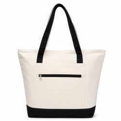 Canvas Tote Bag 18.5x15 – Zipper Pocket, Black Handles, Work School Travel Bag