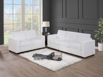 SOFA AND LOVESEAT WHITE FUR LIKE CORDUROY FABRIC, SOLID WOOD, OTHERS. NEW ESPECIAL PRICE