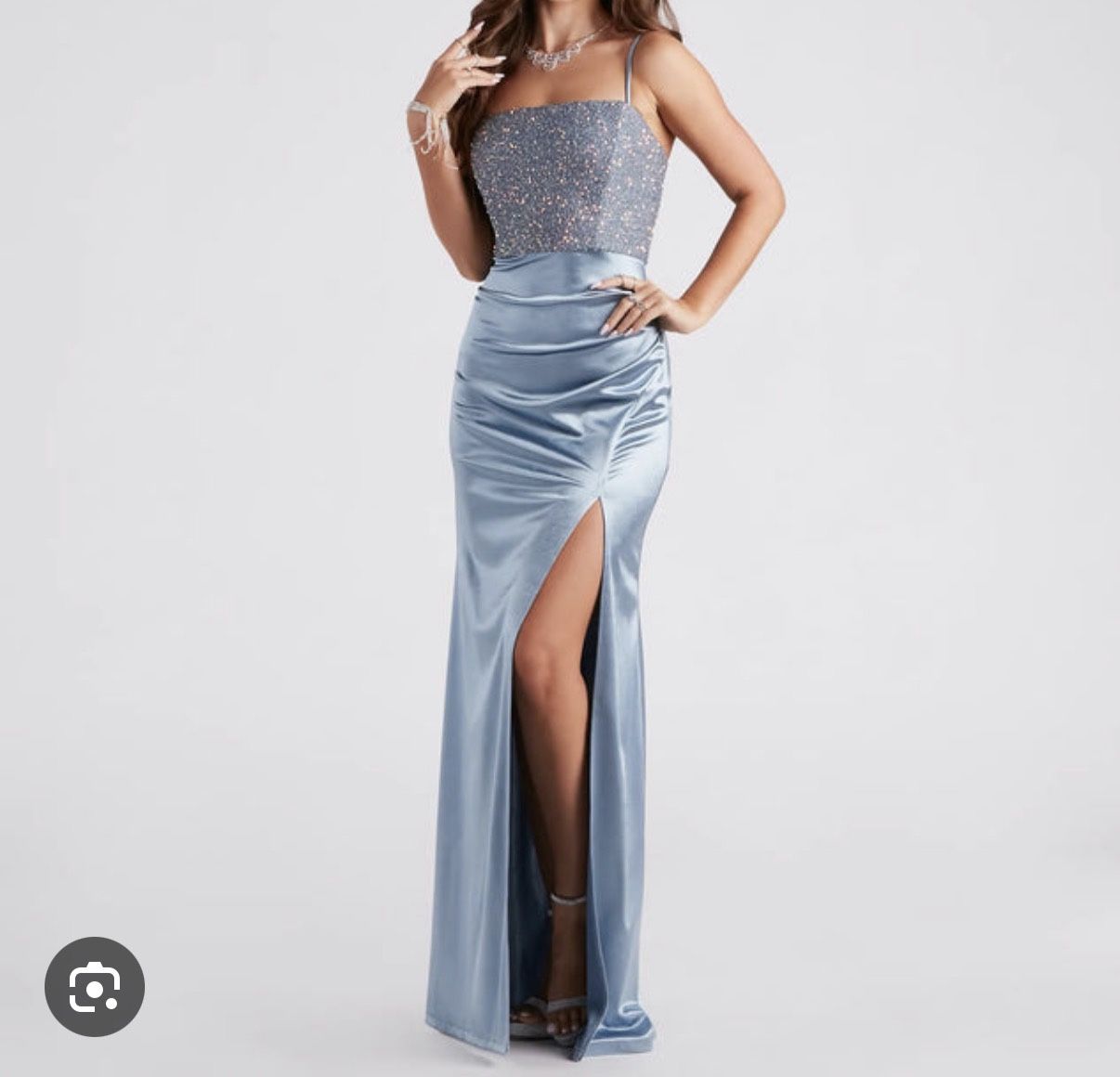 Formal Sequin Satin Slit Long Dress- Dusty Blue