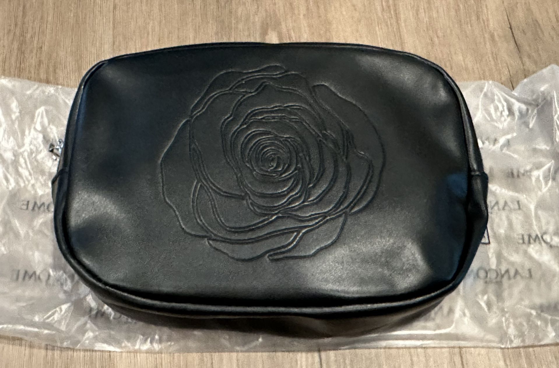 Lancôme Black Faux Leather Makeup Bag Rose Design Toiletry Pouch Travel Case