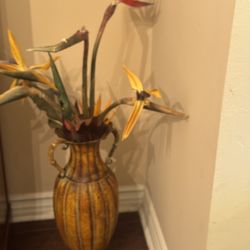 Vintage vase with Artificial bird of paradise flowers 