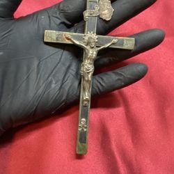 Rare XL 6¼” Antique 1800s German Nun’s Crucifix – Skull & Crossbones (Victory Over Death)