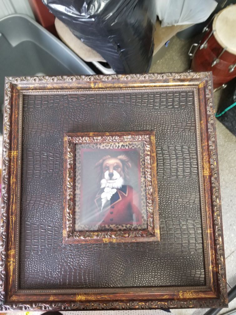 Dog portraits in wood and leather frames ,antique Set of 3