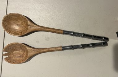 Wood & Metal Bamboo Style Salad Server Set