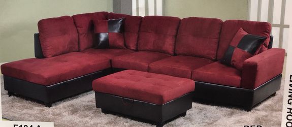 MAROON SECTIONAL SOFA WITH STORAGE OTTOMAN NEW