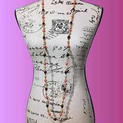 Extra Long Beaded Pink Gold Tone Necklace Boho