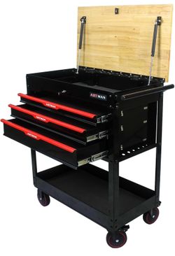 3-Drawer Rolling Tool Cart with Lift-Up Wooden Top, Heavy Duty Mobile Tool Cabinet with Secure Lock and Wheels, Multi-Functional Storage for Garage an