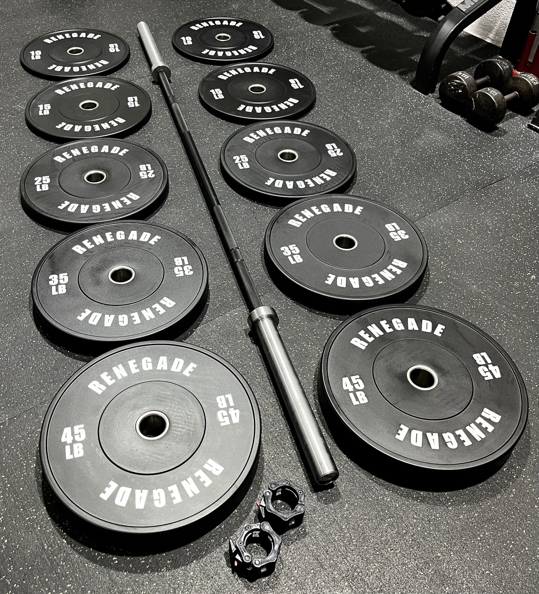 🔥🔥🔥BRAND NEW RENEGADE 260 PIUND OLYMPIC BUMPER PLATE SET WITH BLACK ZINC OLYMPIC  BARBELL FREE DELIVERY🚚