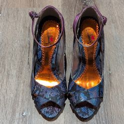 Stylish Purple &amp; Blue Snake Skin &amp; Metalic Purple Peep-Toe Pumps Heels Size 6.5 