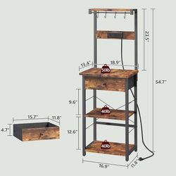Bakers Rack with Drawer, Microwave Stand with Power Outlet, Coffee Bar Station with 4 Hooks, Kitchen Storage Shelf Rack 4 Tiers, for Kitchen, Dining R