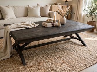 **Rustic Dark Wood Coffee Table with 2 Pull-Out Extensions Farmhouse Trestle Style