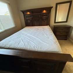 Queen wood bed frame,  dresser & Mirror