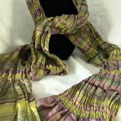 Brilliant Green & Purple Smocking Ruched Scarf Silk 32” Wide 68” Long  Braided Tassels Great Condition 