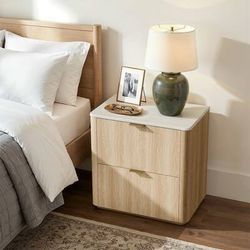 Nightstand with 2 Drawers Modern Faux Travertine 23.6" Nightstand End Table for Bedroom Living Room - Natural Oak