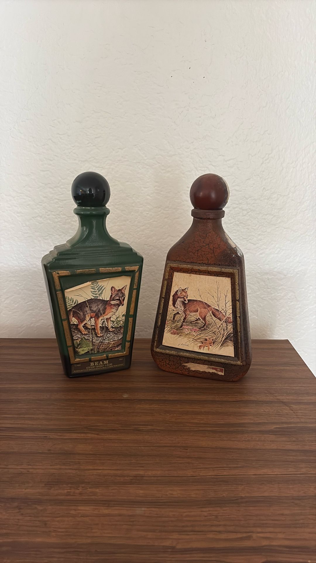 Vintage Antique Jim Beam Decanter Bottles with Fox Artwork