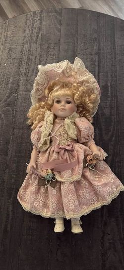 Vintage Porcelain Collector Doll - Blonde Curls, Pink Lace Dress & Bonnet