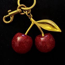 Red Sparkle Cherry Gold Leaf Keychain Accessory 