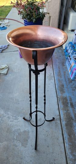 Copper Bowl on Wrought Iron Stand