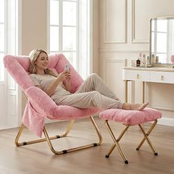 Comfy Saucer Chair for Adults, Foldable Living Room Chairs, Soft Faux Fur Lounge Chair for Bedroom, Reading Chairs, X-Large (Ottoman-Pink)