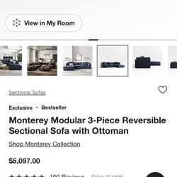 Crate And Barrel  -Monterey Modular 3-Piece Reversible Sectional Sofa with Ottoman