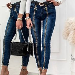Dark Wash Skinny Jeans with Gold Zipper Detail