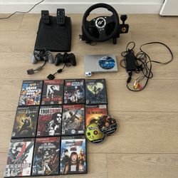 Sony PlayStation 2 PS2 Slim Silver 79001 Bundle Sim Cords Controllers Games