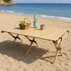 New In Box 47x24x17 Inch Tall Natural Color Foldable Portable Wooden Camping Picnic Beach Table With Carrying Bag 