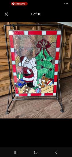 Santa w/ Christmas Tree Hanging Stained Glass Panel Stand Fireplace Screen
