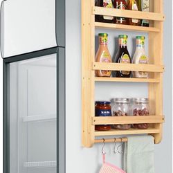 Wooden Fridge Rack, Standing or Hanging Storage Rack Holder, Spice Jars Rack Kitchen Storage Rack Refrigerator Side Holder with 3 hokes and 2 Non-slip