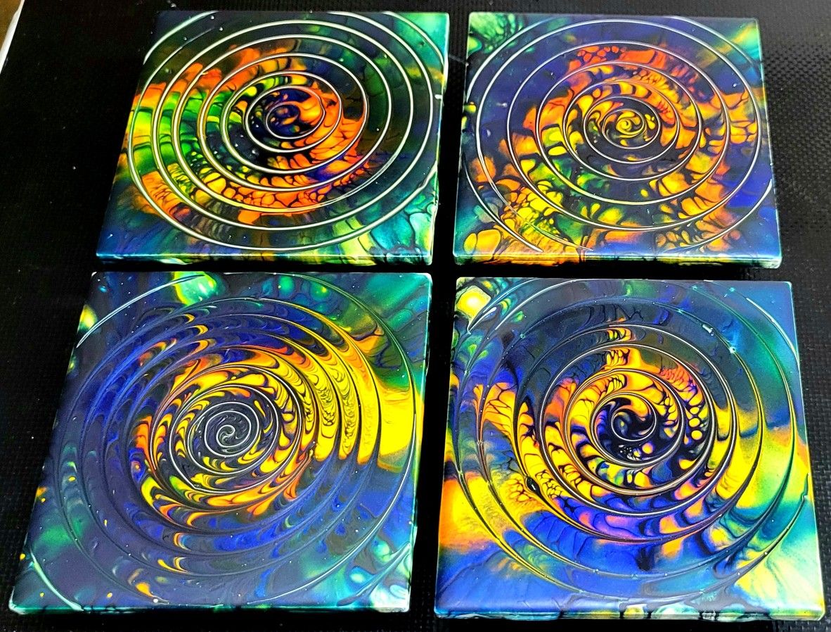 Handmade Set of 4 Fluid Art Coaster Tiles