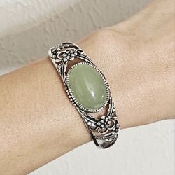 925 Sterling Silver jade stone women's ladies cuff bracelet Gift