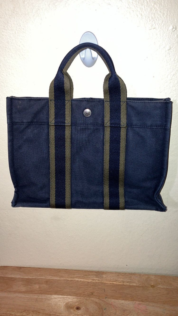 Authentic Hermes Fourre Tout PM Tote Hand Bag Canvas Navy Green Made In France