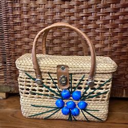 Vintage Handmade straw purse/beach Tote with blue flower