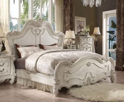 Brand New Bone White Bed with Intricate Wood Carvings