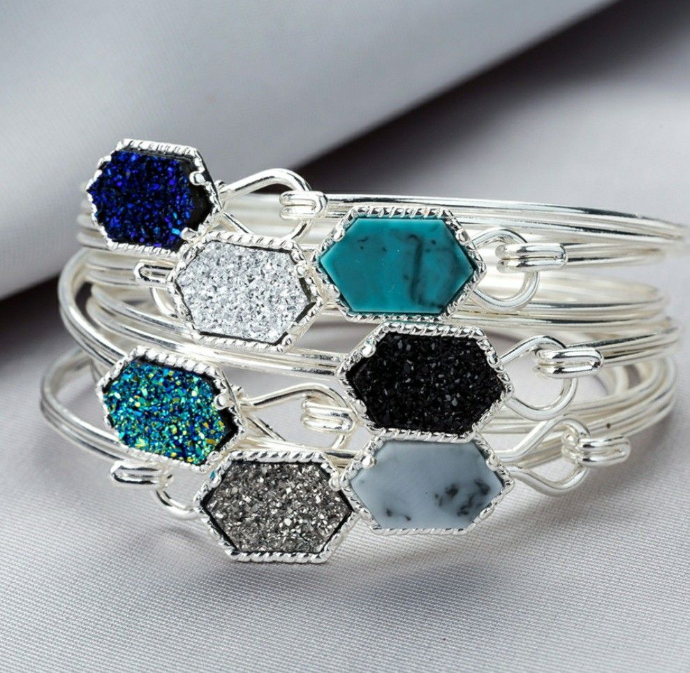 Hexagon silver druzy bangle bracelet