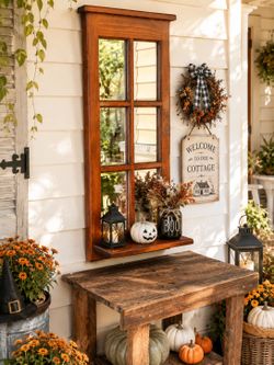 Vintage Rustic Cottagecore Mirrored Window Payne With Shelf 
31" Tall