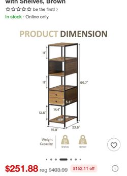 Tall Brown Wood and Metal Shelf with Drawers