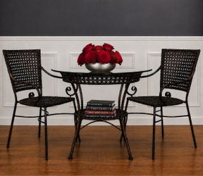 Vintage Wicker & Metal Bistro Set – Glass Table + 2 Chairs – Decor Not Included