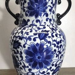 Vintage Blue White Floral Vase Ceramic Large Handles Bombay China