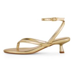 Elisabet Tang Gold Strappy Thong Kitten Heels Size 7 Dress Sandals NEW NIB