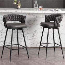 Modern Bar Stools Set of 2, 30" Bar Height Barstools, 180° Swivel Suede Fabric Stool Chairs with Woven Back and Footrest for Kitchen Island, Cafe, Pub