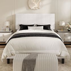 Queen Size Bed Frame, Platform Bed Frame with Upholstered Adjustable Headboard, White, Nubby Fabric