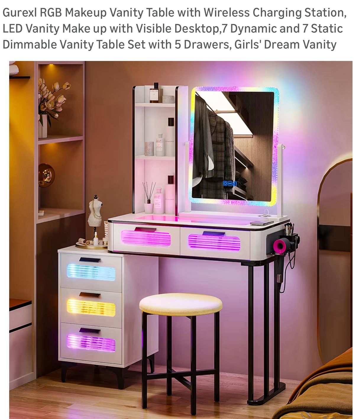 Gurexl RGB Makeup Vanity Table w/ Stool